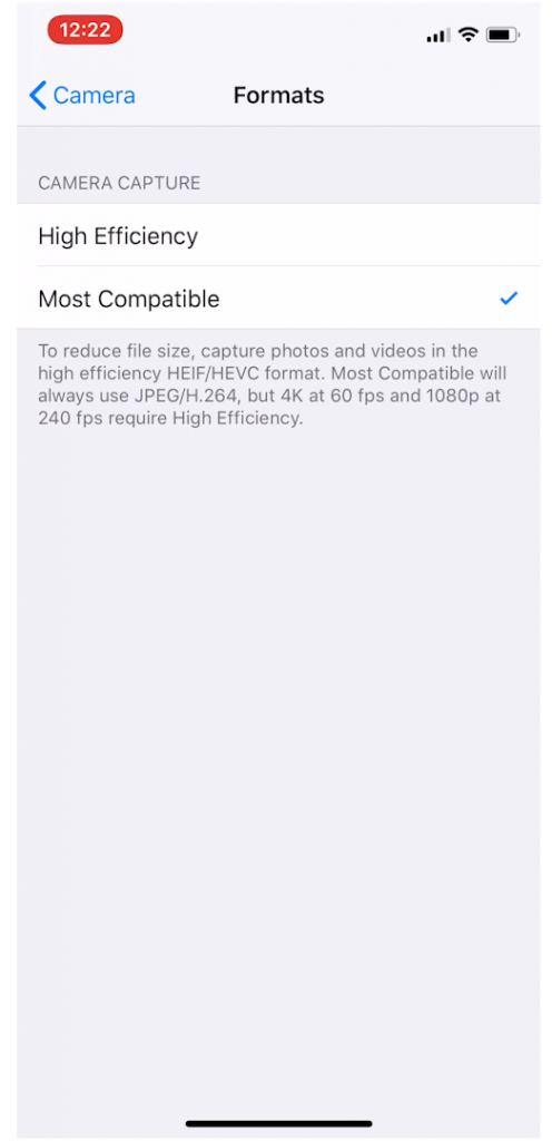 Iphone Video Settings High Efficiency Vs Most Compatible