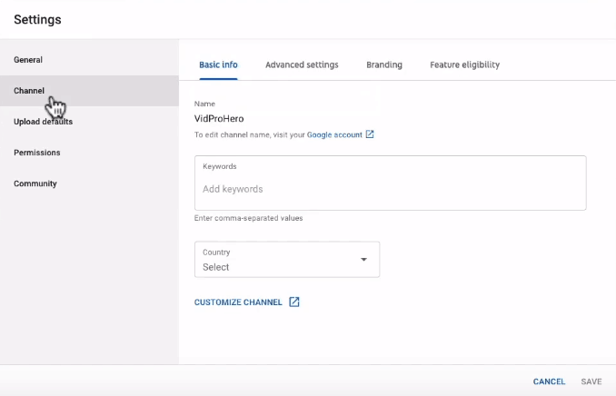 YouTube channel settings
