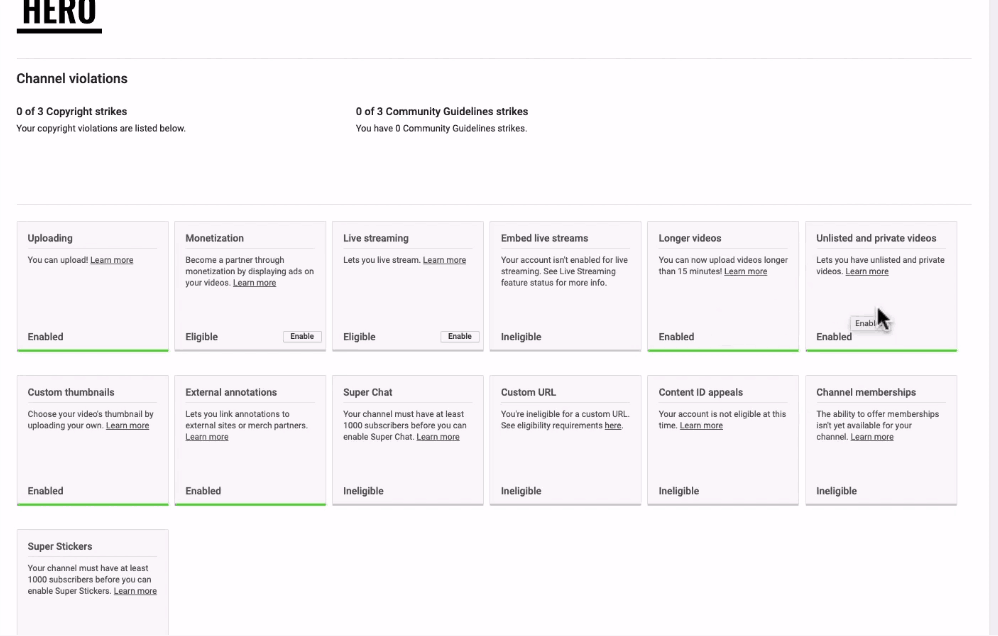 Feature eligibility for your YouTube channel