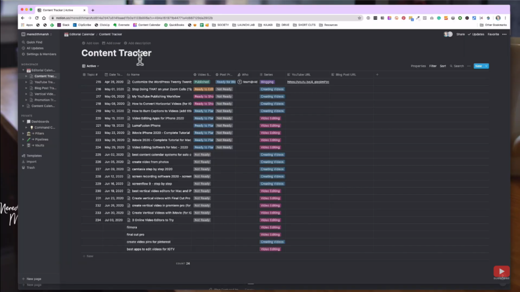 YouTube Publishing Workflow - my content tracker