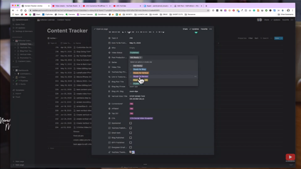 Change Status within Content Tracker in Notion