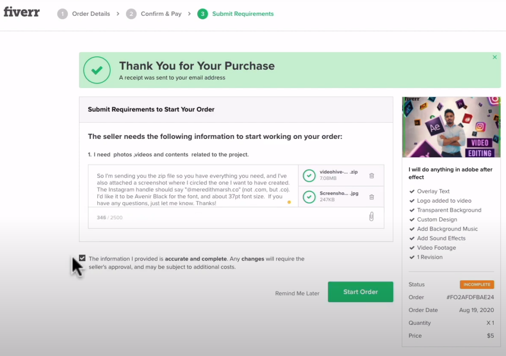 contacting the seller and placing an order in fiverr