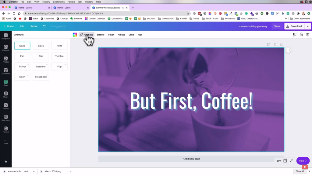 applying text animation in canva