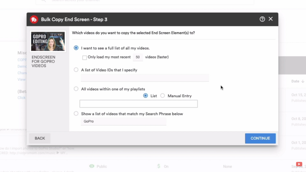 setting up bulk end screen copy on tubebuddy