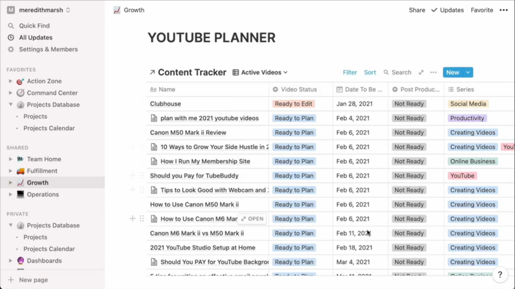 My YouTube content planner inside Notion