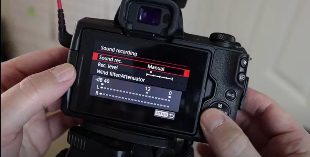 On the sound recording menu, you will find the sound recording, recording level, and wind filter/attenuator. 