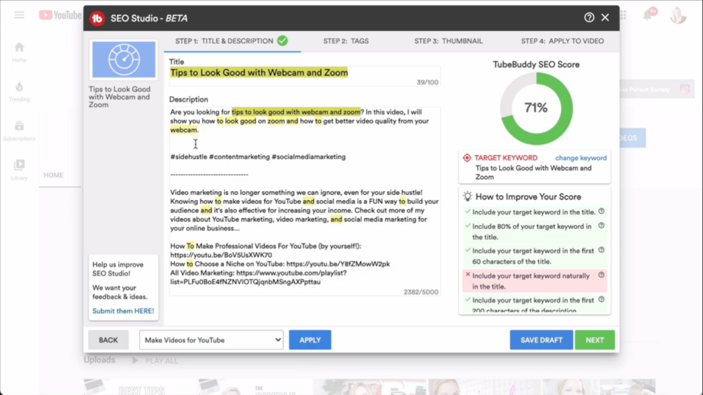 Applying upload default in TubeBuddy