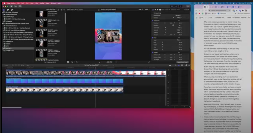 In the partial screen window on the left side is the Final Cut Pro. On the right hand side, there is the notess or scripts open. 