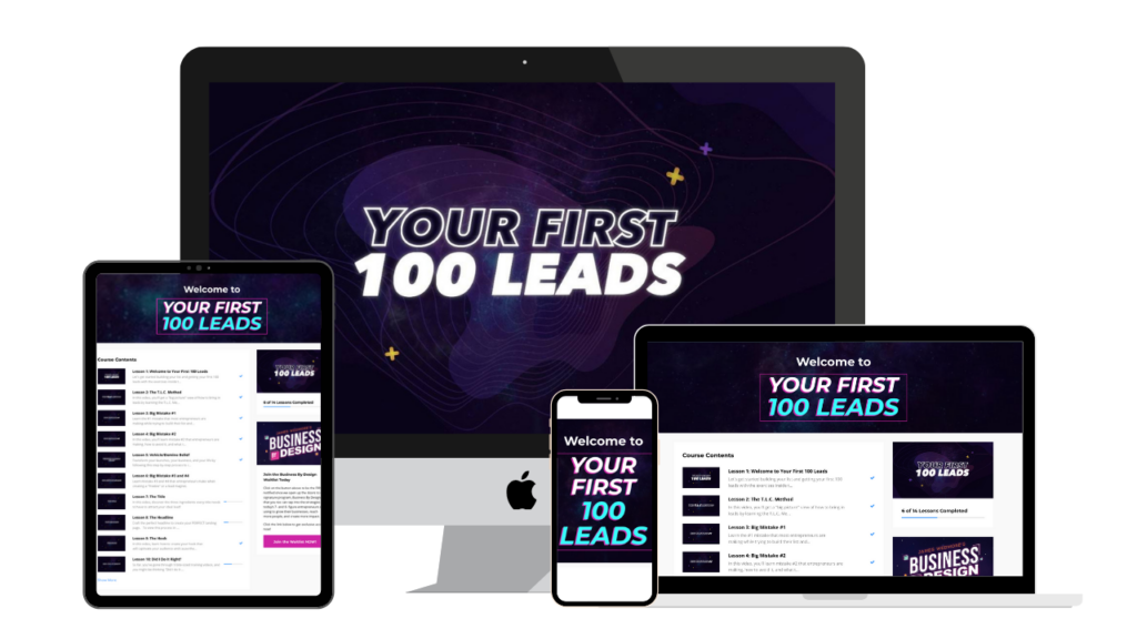 Your First 100 Leads graphics on an iPad, iPhone, Mac, and laptop. 