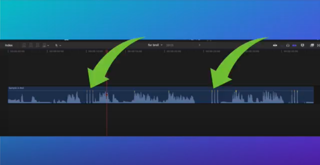 If your video files aren't already on the timeline, add the first one of where you're talking. Once you add the clip to your timeline, you should be able to see your video and audio tracks. Notice those wiggly things? Those are the waveform and the three spikes are the snaps you made after a good take when you recorded your video. Now, all you have to do is look for where the wiggly waveforms are happening before the three spikes to know that's where you said something good. This saves a lot of time from scrubbing through all this footage to find the best part. 