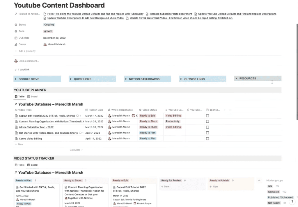 My Notion YouTube video template content dashboard