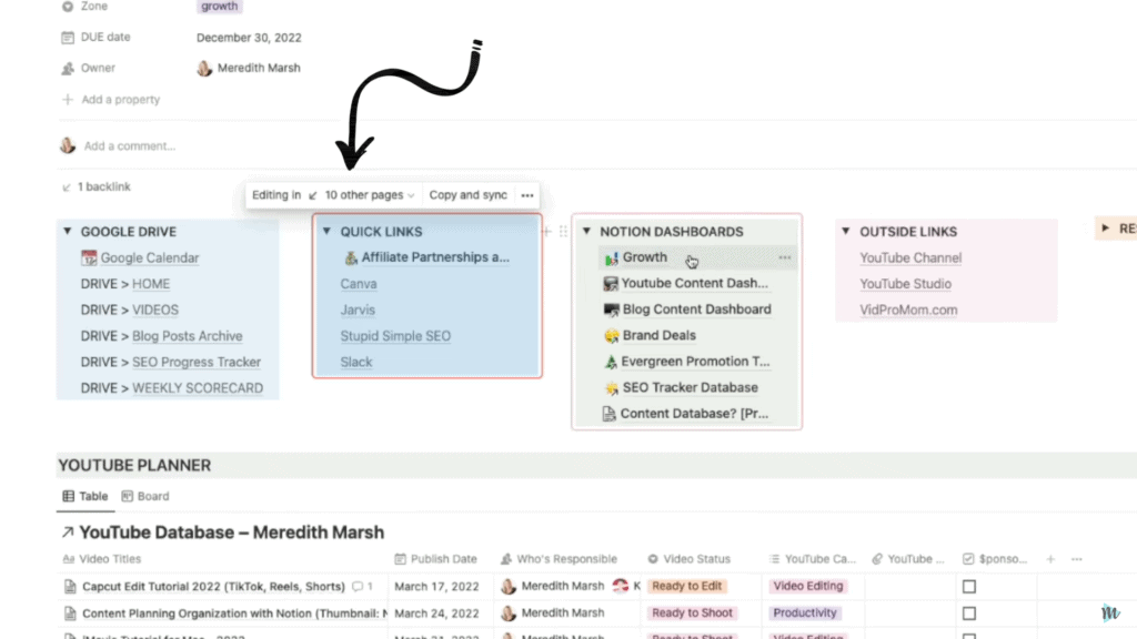 My drop-down navigations in Notion YouTube video template dashboard