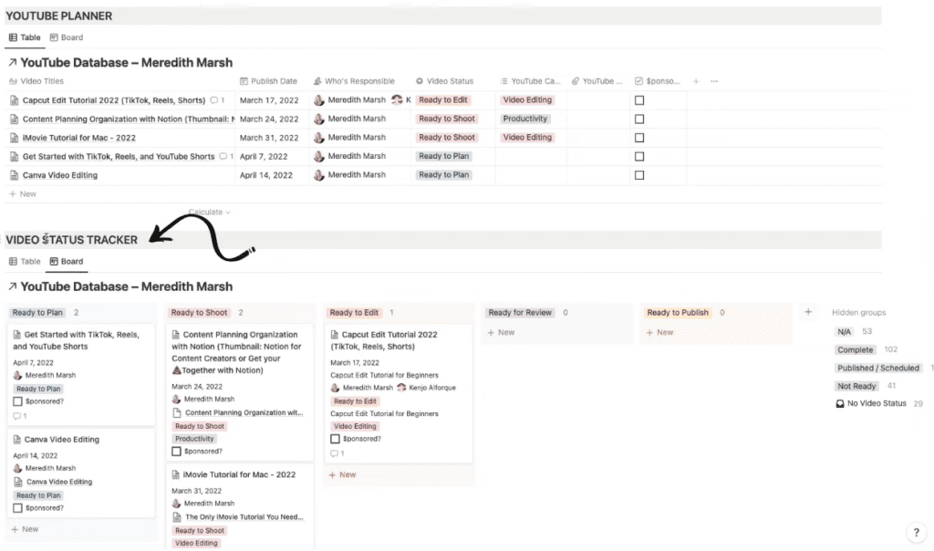 My 2 embedded databases for my Notion YouTube video template dashboard