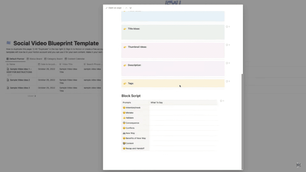 Notion YouTube video planner template