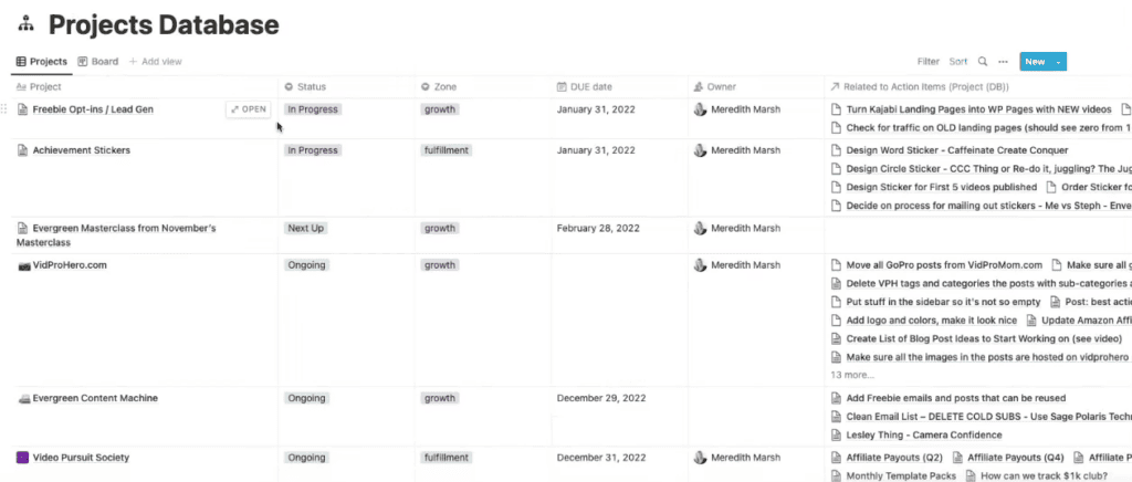 My projects database inside Notion