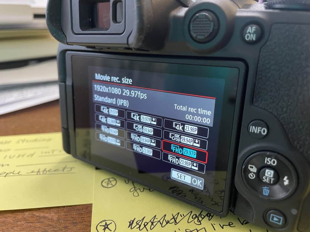 Typical video settings for YouTube will be 1920x1080 or 4k. Set your movie record size which is your resolution and frame rate. recommend 1080, 30 fps.