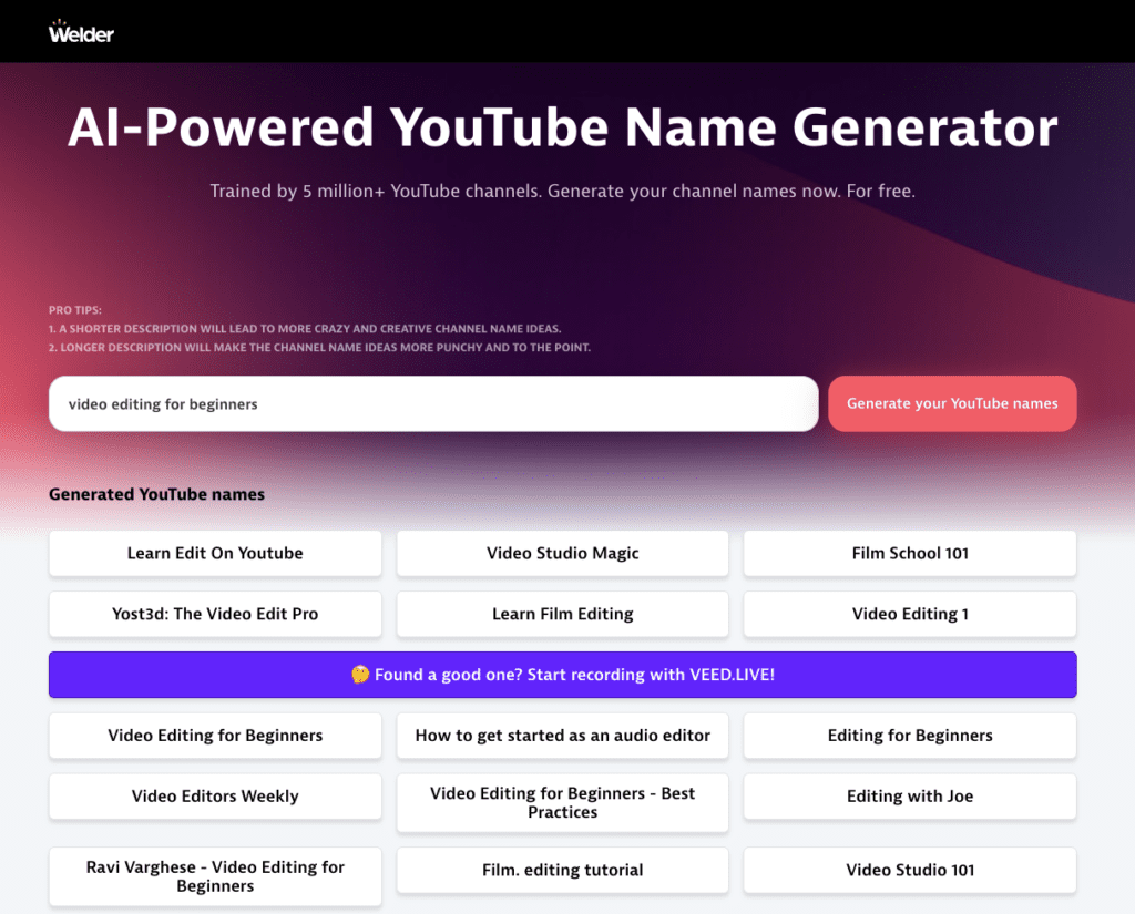 Example of AI-powered YouTube Names Generated by Welder.